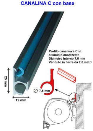 Canalina a C portaveranda in alluminio profilo guida di scorrimento base piatta avvitabile incollabile 2,5 mt profilo blu-0